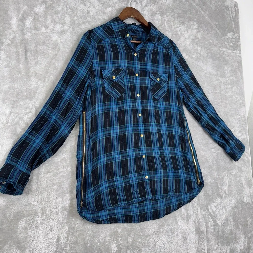 True Religion Plaid Top Logo Black Aqua‎ Blue Tunic Zip Women's Size Large Snaps